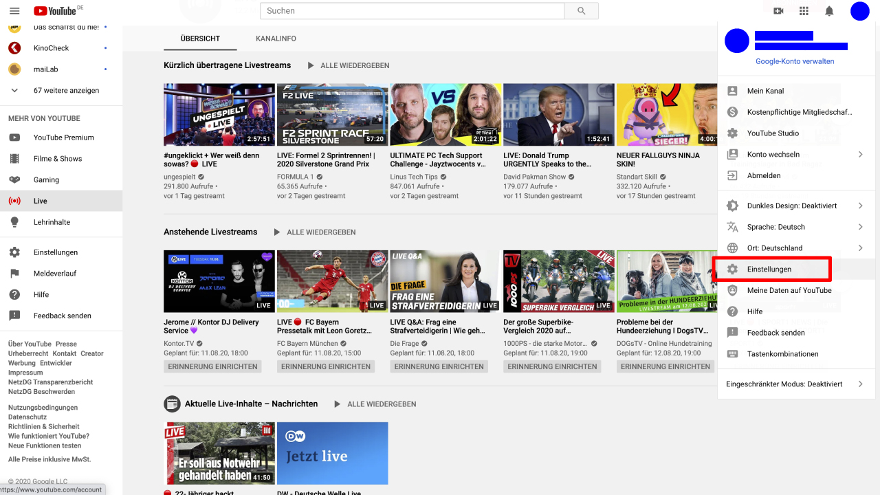Youtube Start Kanaleinstellungen