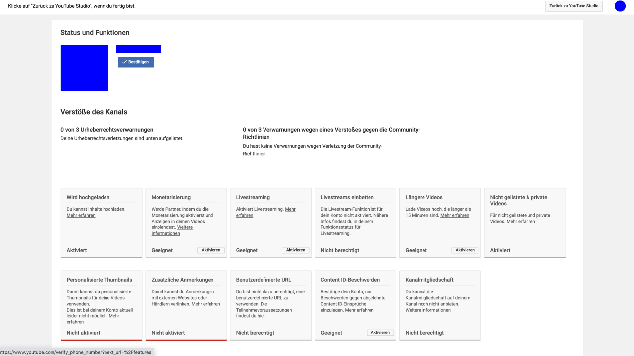 Youtube Account Status und Funktionen