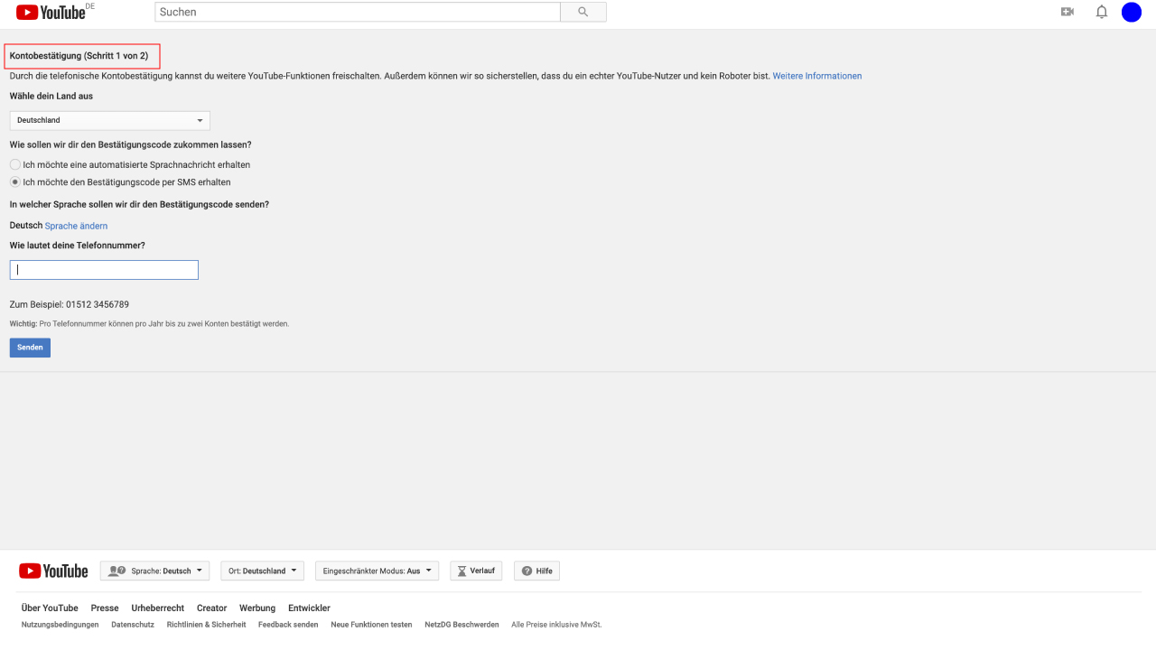 Youtube Verifizierung 1 von 2