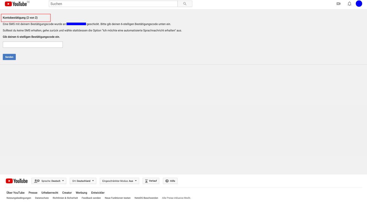 Youtube Verifizierung Kontobestätigung 2 von 2